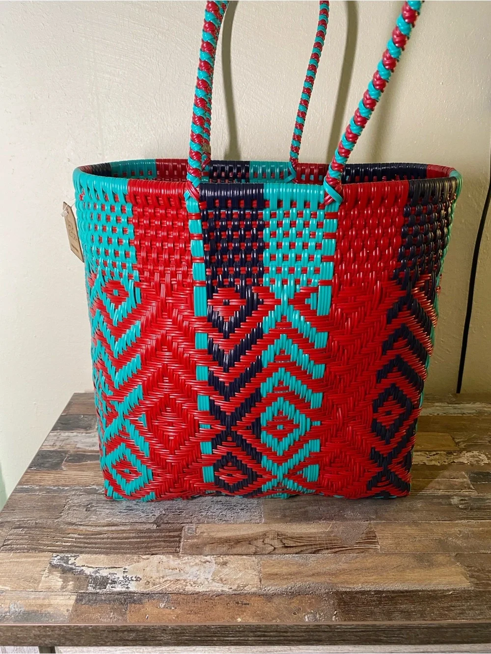 Maria Victoria Braided Geometric Tote in Red, Teal & Black